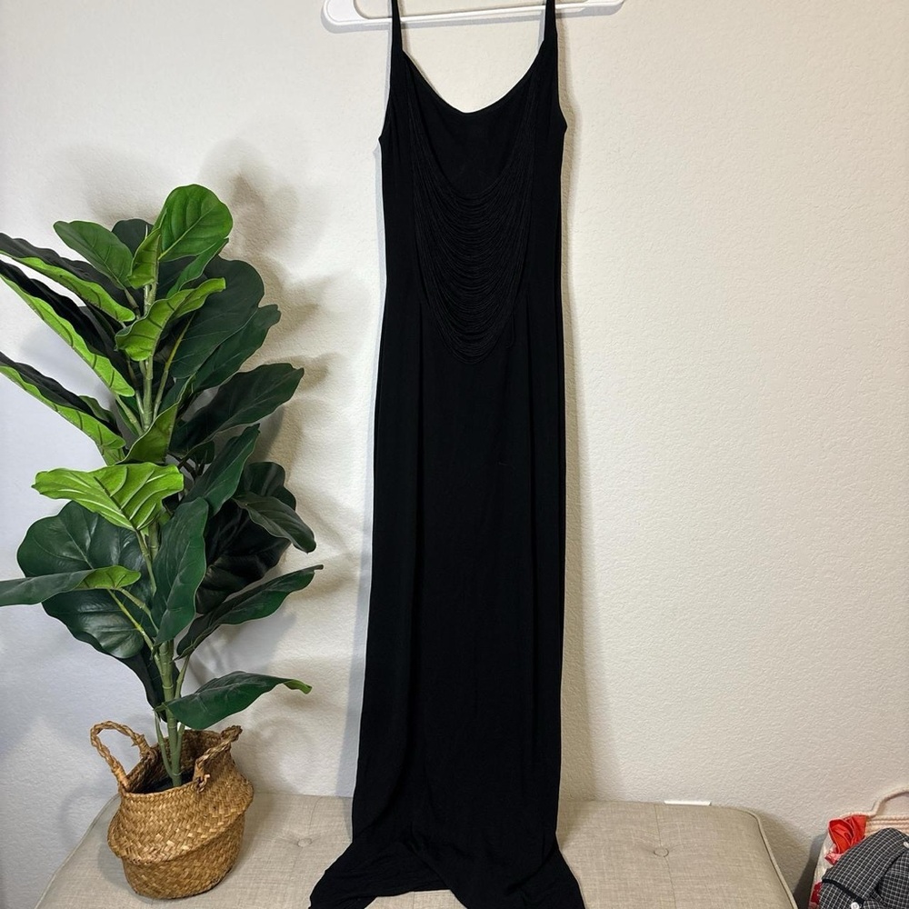 Elegant slinky Black Maxi cocktail Dress with fringe back - Picture 3 of 5